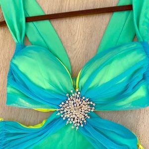 Blue green prom mesh dress